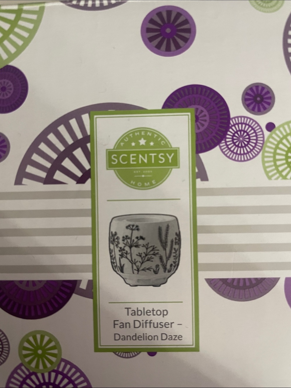 Scentsy Tabletop Fan Diffuser in White with Black Floral Dandelion Design